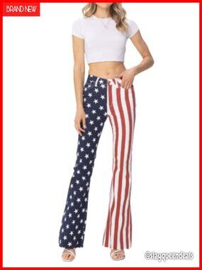 Judy Blue High Waist American Flag Print Flare Jeans Raw Hem Stretch